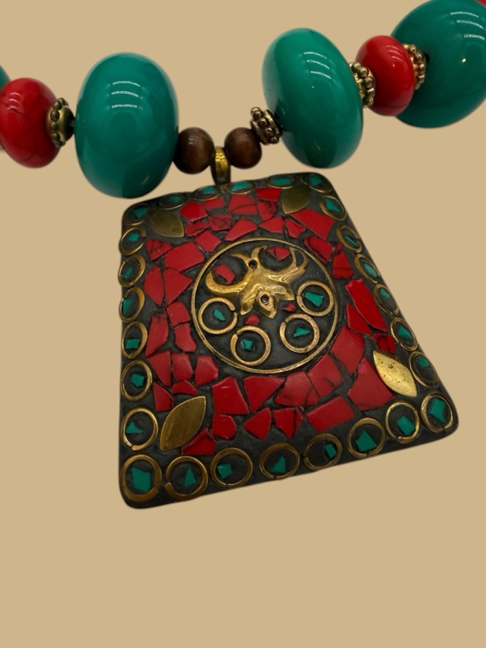 Tibetan Ethnic Mosaic Red Coral and Turquoise Statement Pendant Brass Necklace - Picture 4 of 8